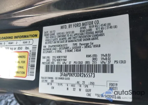 2013 Ford Fusion Titanium from USA, damaged, VIN 3FA6P0K93DR265573